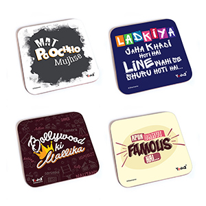 Bollywood Square MDF Coaster - Women Collection 1 - Set of 4 (Mat Poocho Mujhse + Ladkiyan Jahan Khade + Bollywood ki Mallika + Apun Bahut Famous) - Coasters