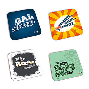 Bollywood Square MDF Coaster - Women Collection 7 - Set of 4 ( Gal Ainvayyi+Shanti Shanti Shanti+Mat Poocho Mujhse+Iss Baar Shopping Pakka - Coasters