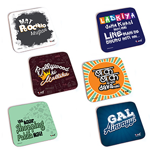 Bollywood Square MDF Coaster - Women Collection 10 - Set of 6 (Mat Poocho Mujhse+Ladkiyan Jahan Khade Ho Jaate Hai+Bollywood ki Mallika+Bak Bak Ki Koi Daava Nahi+Iss Baar Shopping Pakka+Gal Ainvayy - Coasters