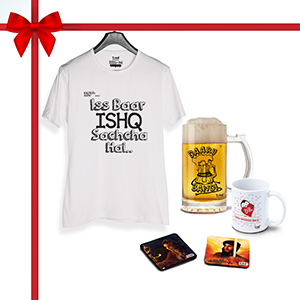 Ishq wala combo, T-Shirt, 1 Beer Mug, 1 Coffee Mug1, Coaster 2 (Combo of 5)  - Super Combos